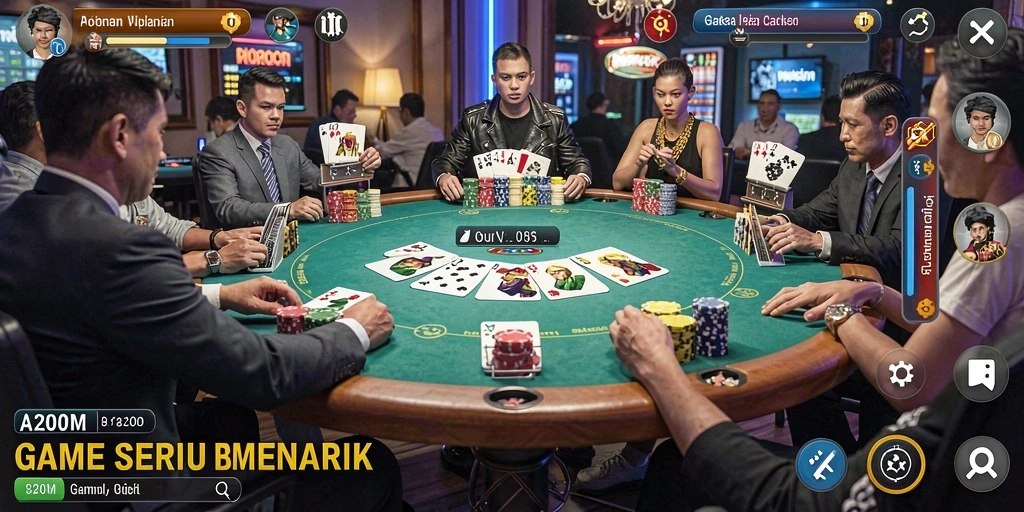 Screenshot gameplay A200M menampilkan aksi seru permainan poker.