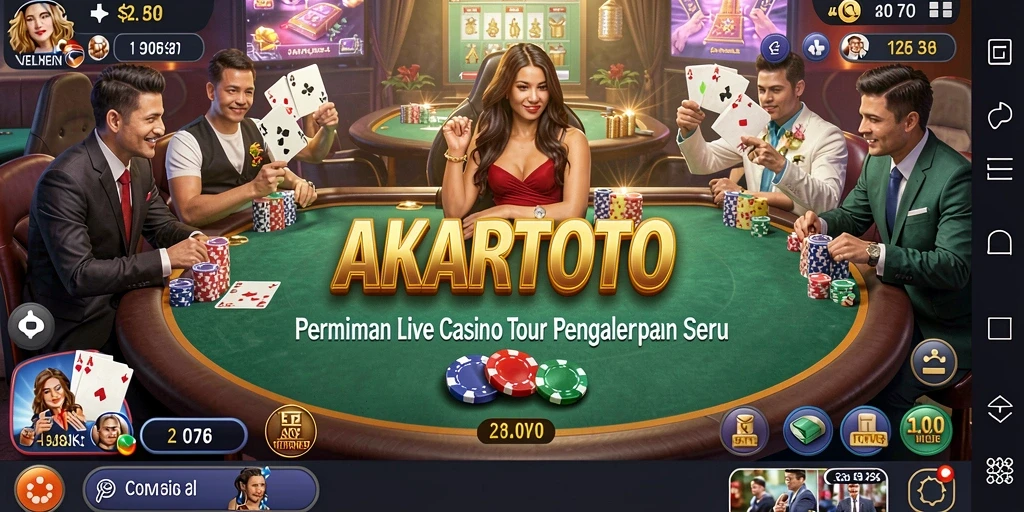Screenshot gameplay AKARTOTO menampilkan dealer langsung dan suasana kasino nyata.