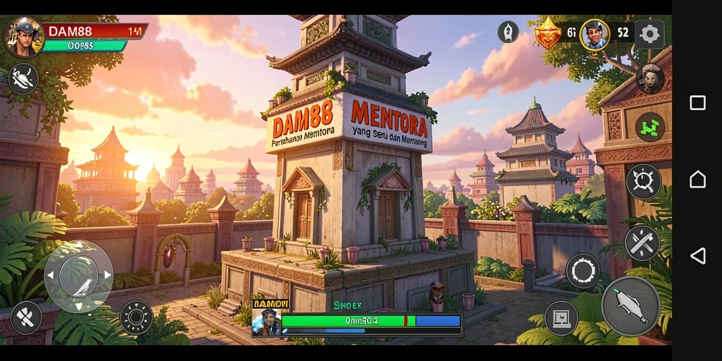 Tampilan dramatis dari gameplay DAM88 di mana menara bertempur melawan gelombang musuh.