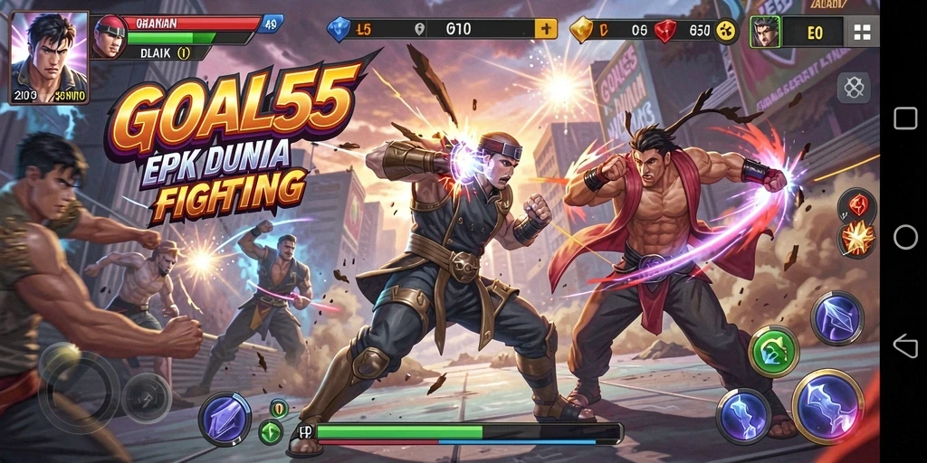Tampilan gameplay menunjukkan pertarungan seru di arena GOAL55.