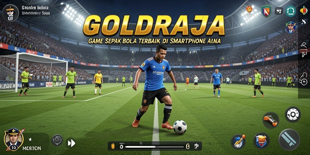 Screenshot gameplay <strong>GOLDRAJA</strong> dengan aksi seru di lapangan sepak bola.