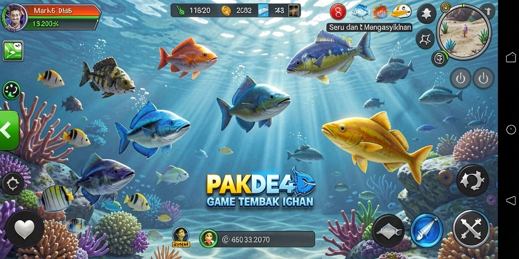 Tampilan gameplay PAKDE4D yang seru dengan berbagai ikan berwarna-warni.