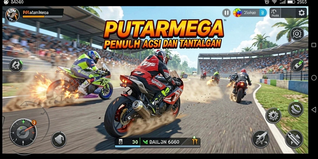 Gameplay mendebarkan di PUTARMEGA saat balapan motor.