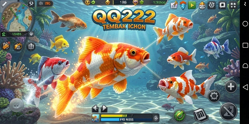 Gameplay QQ222 menampilkan aksi seru menangkap ikan di dunia bawah laut.
