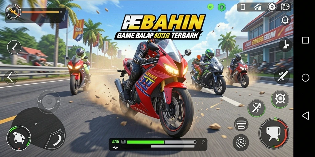 Tampilan gameplay menegangkan dalam REBAHIN dengan motor balap yang cepat.