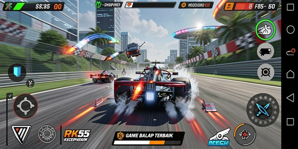 Tampilan gameplay RK55 yang mendebarkan saat balapan intens.