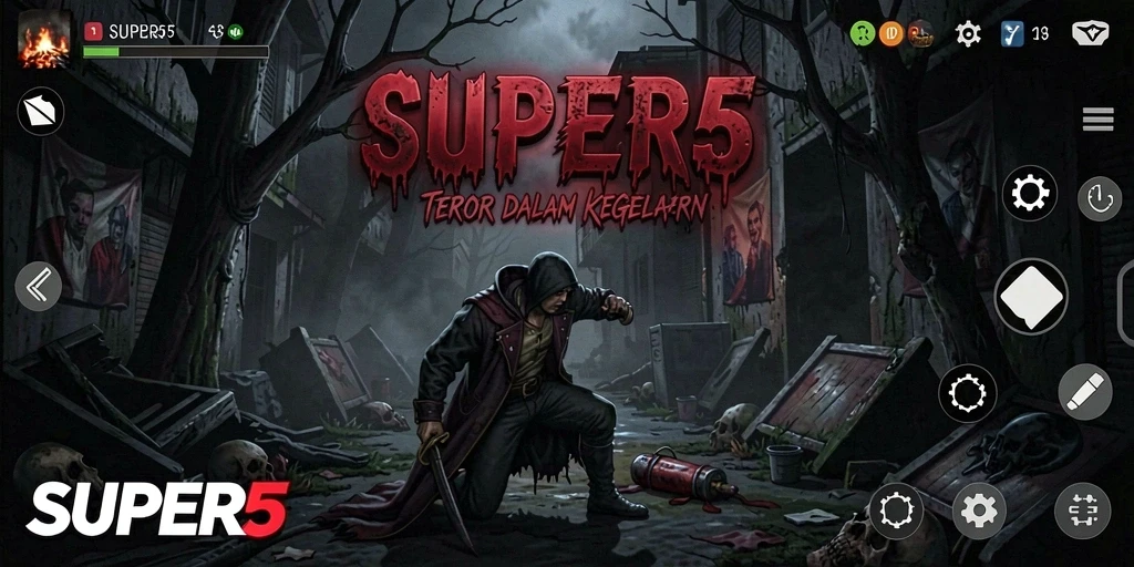 Screenshot gameplay SUPER5 yang menampilkan atmosfer horor yang mencekam.