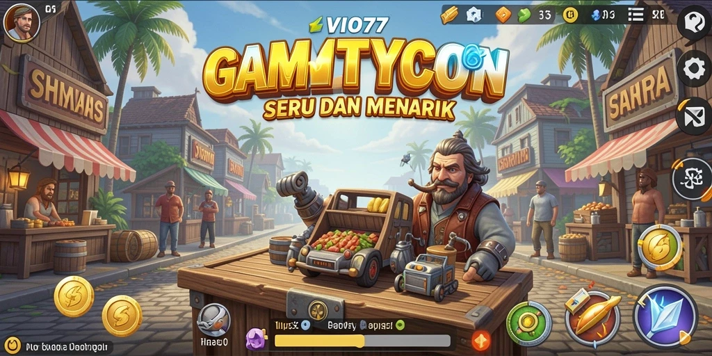 Screenshot utama VIO77 menampilkan gameplay manajemen bisnis yang seru.