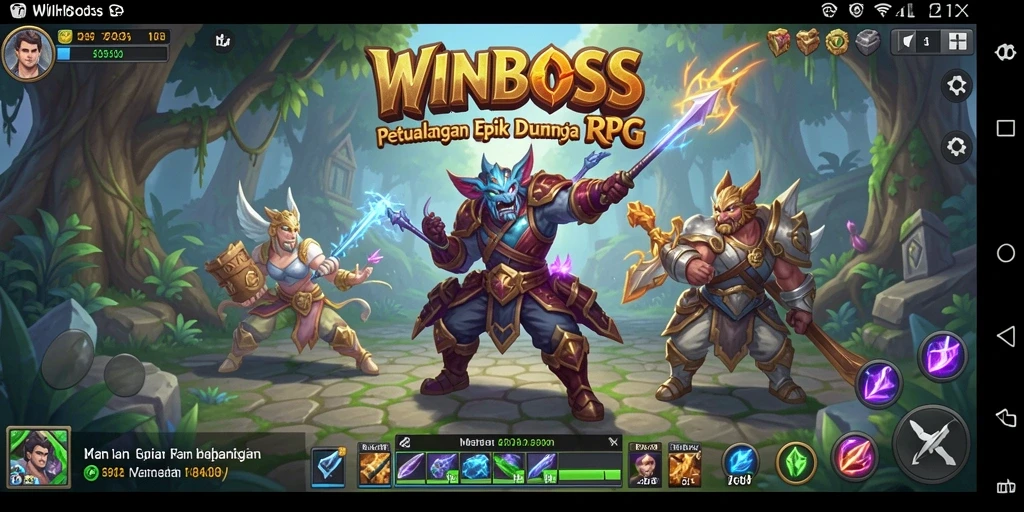 Screenshot gameplay WINBOSS yang menunjukkan pertarungan epik dalam RPG.